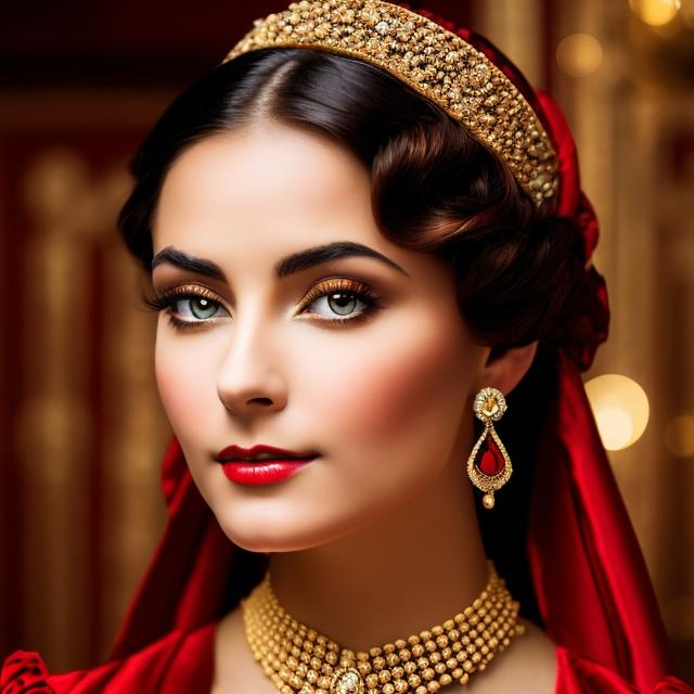 Prompt: Wealthy, stylish young lady of the Victorian era, facial closeup, wearing red and gold jewelry
