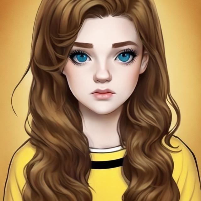 Prompt: hufflepuff girl with brown hair art blue eyes beautiful realistic eleven