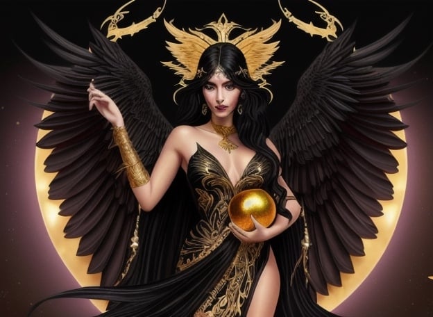 Prompt: Modern illustration of the Greek goddess Eris, flowing black and gold dress, two black wings, flowing hair, detailed facial features, full body, lavender skin, holding golden apple, fantasy, modern art style, majestic, mythical, high quality, vibrant color palette, dynamic lighting