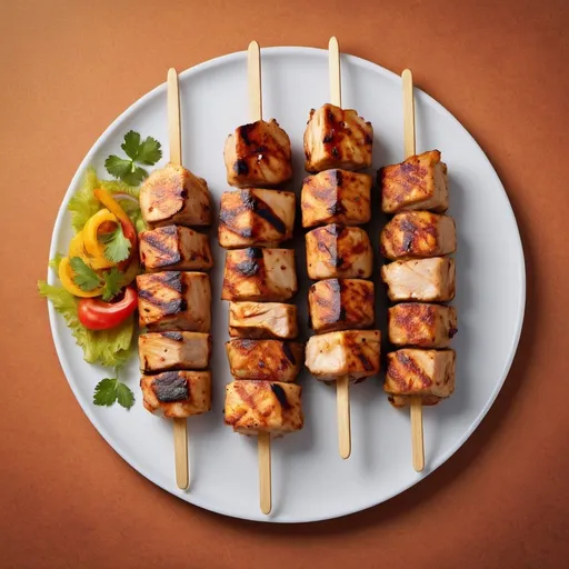 Prompt: Generate a top view image of chicken kebab for an Indian frozen food packaging company. This image will be used to showcase chicken kebab on the packaging. We need a top view image with kebabs sitting on a circular plate.