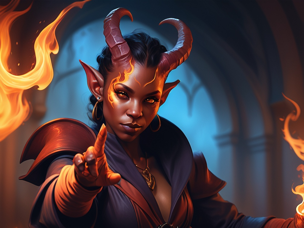 Prompt: hyper-realistic Tiefling character with fire hands, fantasy character art, illustration, dnd, warm tone