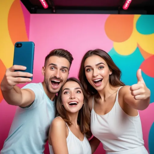 Prompt: three people taking a selfie on a stand, (happy expressions), (dynamic pose), colorful background, bright lighting illuminating their faces, cheerful atmosphere, showcasing excitement, capturing a moment of joy, ultra-detailed, HD quality, vibrant colors highlighting their enthusiasm, modern setting suitable for a fun photo opportunity.