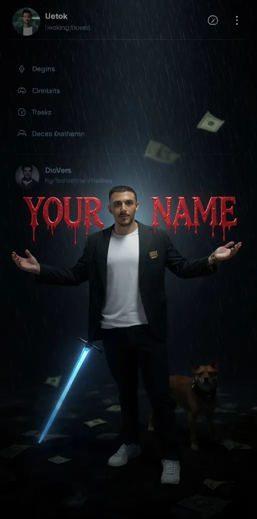 Prompt: Create a cinematic digital poster for a tiktok user. In the background, clearly display the uploaded profile screenshot without binding or blurring any part. 414 The image should remain sharp and readable, showing every detail that naturally appears in the profile (such as stats, icons, texture, badges, numbers, tags, buttons) and must be fully visible and understand to the viewer. In the foreground, place the upload character image standing in a proud, victoriespose-with both arms stretched outward (T-pose) The character's head should be titled slightly upward, facing the sky with a heroic and thankful experience. Include a glowing blue sword by his side and his pet standing nearby. Add dramatic rain, flying money, cinematic glow and soft shadows to enhance the character and profile are clearly visible and not overlappingconfusingly. In the centres of the poster overlay bold, glowing, 3D gaming tyle text:"YOUR NAME"-using a bleeding black-red blood effect, where blood drips from the text downward in a floati