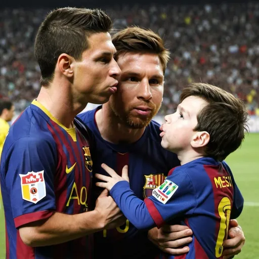 Prompt: midget ronaldo and messi kissing