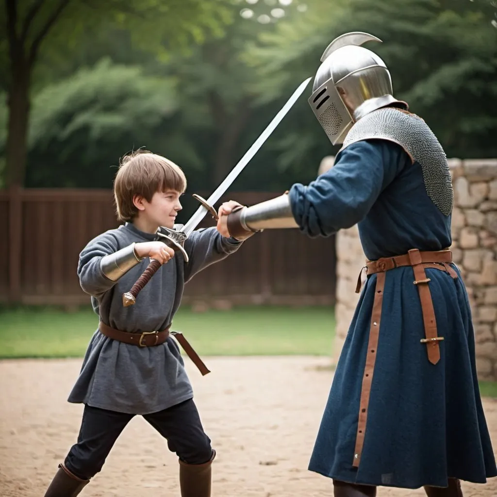 Prompt: Young squire training sword fight with knight
