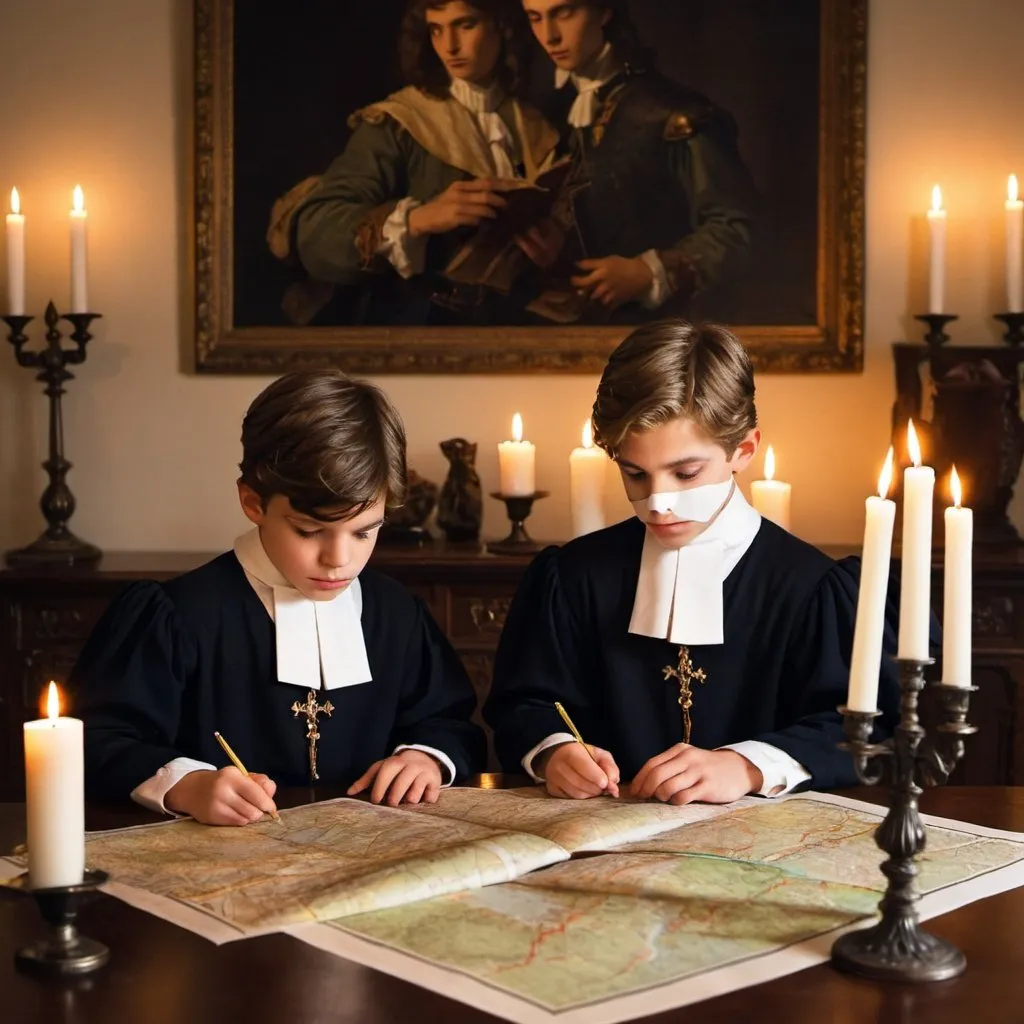 Prompt: Twin princes studying at table with maps and candles