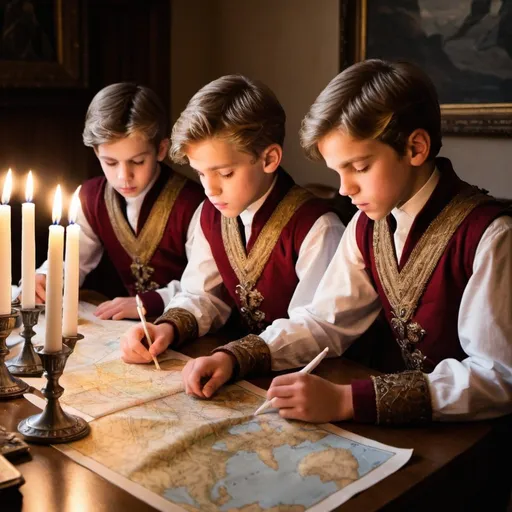 Prompt: Twin princes studying at table with maps and candles