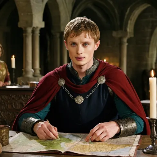 Prompt: Merlin serie bbc king arthur bradley james at table with maps