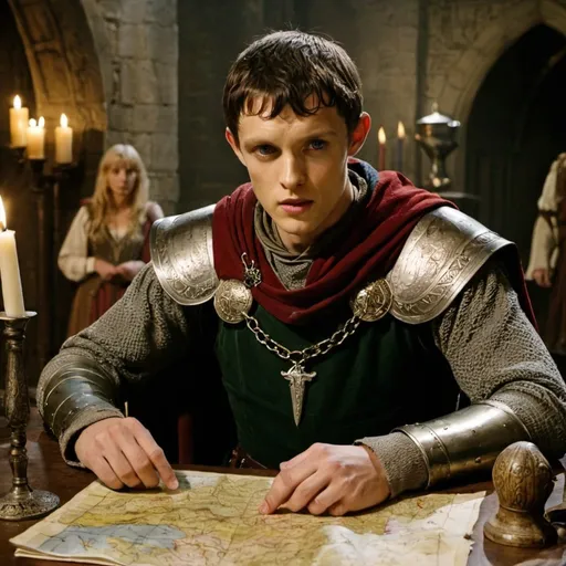 Prompt: Merlin serie bbc king arthur at table with maps