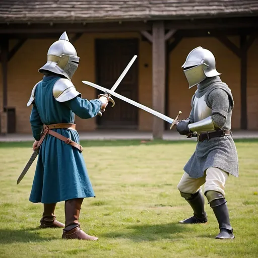 Prompt: Young squire training sword fight with knight
