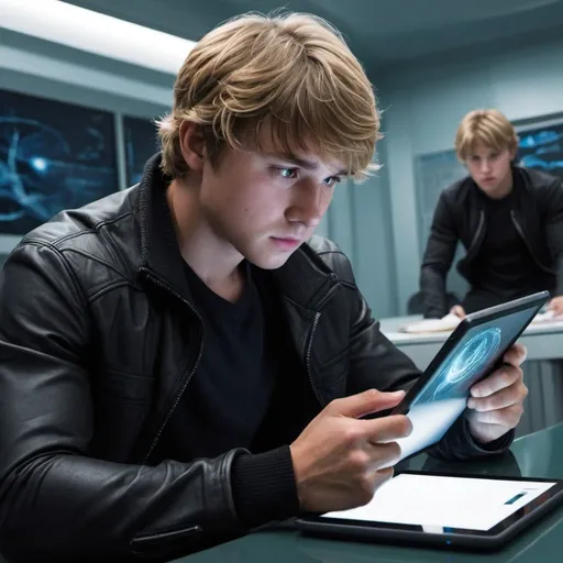 Prompt: Alex rider studying on a tablet