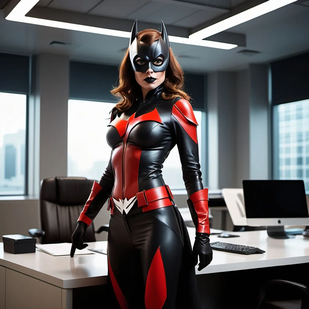 Prompt: superhero futuristic office batwoman brown haired