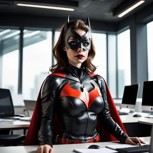 Prompt: superhero futuristic office batwoman brown haired