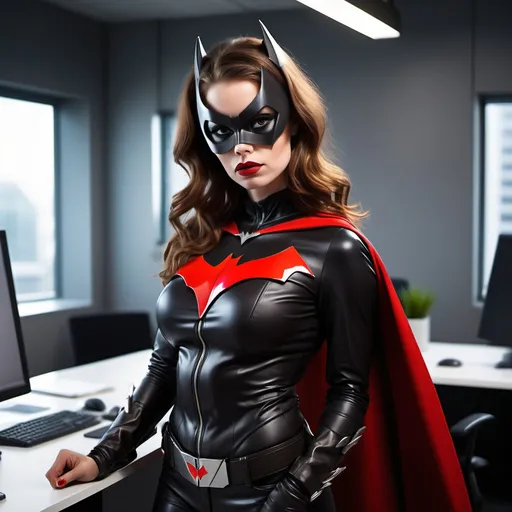 Prompt: superhero futuristic office batwoman brown haired