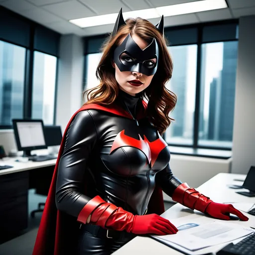 Prompt: superhero futuristic office batwoman brown haired