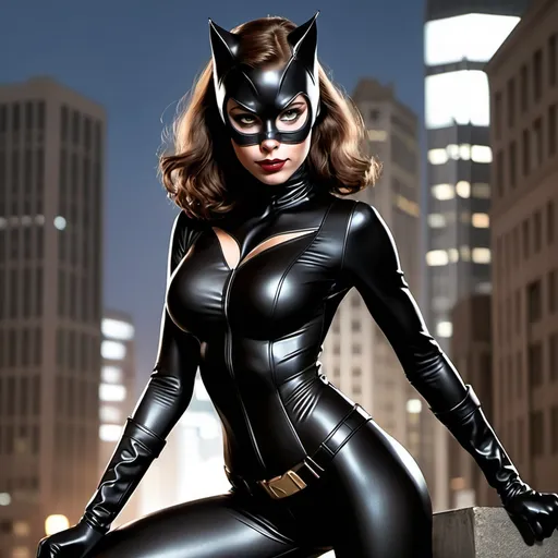 Prompt: brown haired catwoman suit superhero