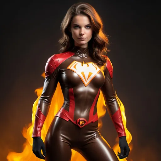 Prompt: brown haired nightflame superhero suit
