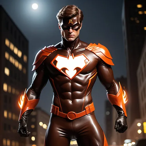 Prompt: brown haired nightflame superhero suit