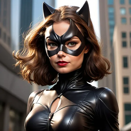 Prompt: brown haired catwoman suit superhero