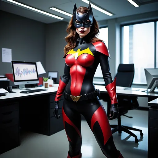 Prompt: superhero futuristic office batwoman brown haired