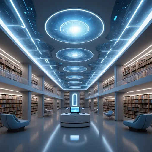 Prompt: futuristic modern library (inspired by Jedi archives), sleek design, advanced technology, illuminated shelves filled with glowing data sources, large transparent screens, interactive holograms, serene ambiance, muted color tones with accents of cool blue and silver, intricate ceiling architecture, ultra-detailed, high definition, evokes a sense of wonder and knowledge, expansive space with innovative layouts.