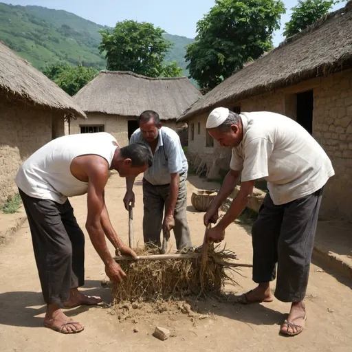 Prompt: the same village men working together in the village

