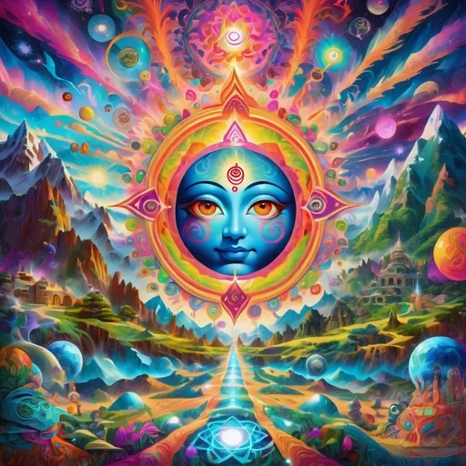 Prompt: Psychedelic landscape with flashing lights, open third eye, om signs, tao signs, kaleidoscopic multiverse in the background, vibrant colors, detailed and intricate patterns, highres, surreal, trippy, vibrant hues, mystical lighting