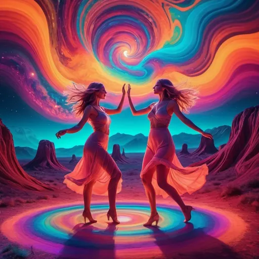 Prompt: Psychedelic landscape with beautiful women dancing, vibrant colors, surreal lighting, cosmic energy, enchanting atmosphere, high quality, surrealism, vibrant colors, glowing light, cosmic energy, dancing women, surreal landscape, psychedelic, enchanting