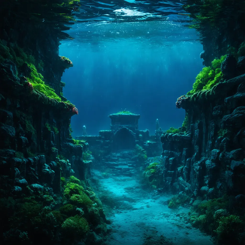 Prompt: Mystical underwater city in the deep depths of Hawaiki, ancient ruins covered in bioluminescent flora and fauna, ethereal glow illuminating the surroundings, mythical sea creatures lurking in the shadows, high-quality, detailed underwater scene, surreal, bioluminescent, ancient ruins, mystical, underwater city, mythical creatures, ethereal lighting