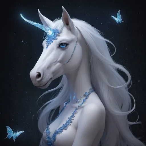 Prompt: Create a mythical creature named Luminora. Luminora has the form of an elegant horse with iridescent, pearl-white fur that shimmers in the light. Her body is sleek and muscular, with claw-like hooves. Her head is a blend of horse and dragon, with an elongated snout and large, sapphire blue, glowing eyes. She has two long, curved crystal horns on her head. Her mane and tail are made of silvery mist, constantly in motion, reflecting light and appearing slightly translucent. Luminora has large butterfly-like wings that shimmer with a kaleidoscope of colors and are veined with a fine glowing network. Her back is adorned with glowing constellation-like patterns that pulsate gently. The background is an enchanted forest at night, illuminated by phosphorescent leaves and sparkling flowers. Luminora’s expression is one of gentle wisdom and serene calm, with kind, deep eyes.