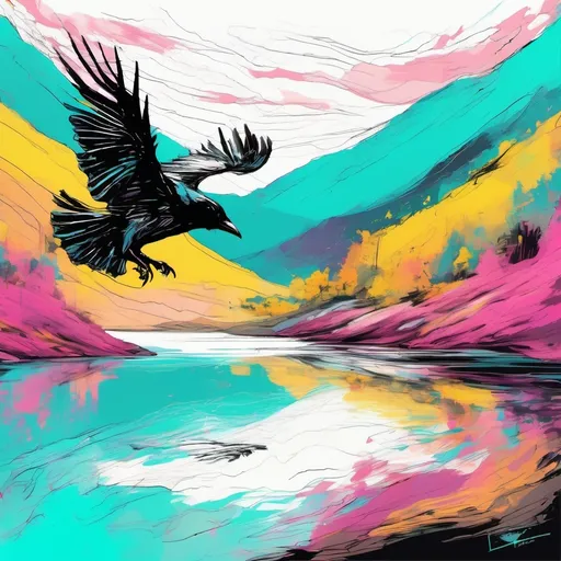 Prompt: 2D abstract artwork of ravens flying over a serene mountain lake, vibrant chalk and charcoal drawing style, featuring striking colors of white, mustard, pink, maroon, and cyan, dynamic brush strokes, capturing movement, popular and award-winning masterpiece, high-quality rendering, expertly edited, intricate details reflecting artistic depth and emotion, inviting atmosphere of tranquility and wonder.