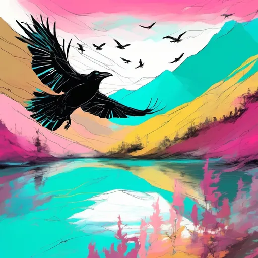 Prompt: 2D abstract artwork of ravens flying over a serene mountain lake, vibrant chalk and charcoal drawing style, featuring striking colors of white, mustard, pink, maroon, and cyan, dynamic brush strokes, capturing movement, popular and award-winning masterpiece, high-quality rendering, expertly edited, intricate details reflecting artistic depth and emotion, inviting atmosphere of tranquility and wonder.