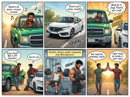 Prompt: @vX0o31A3NEjF3OMIK2B7 Driving green truck @A1A6turSyAgtkN8VzTXm Drives a white civic car Scene one: Manpreet zooms down the highway in his shiny green truck, humming tunes.
Manpreet: “Road’s all mine—vroom vroom!”
Scene two: Jag cuts right in front, white Civic squealing like a sneaky fox.
Jag: “Shortcut’s mine, buddy!”
Scene three: Manpreet slams the horn—BEEP BEEP!—eyes wide, almost crashes.
Manpreet: “Watch it, Jag! That’s not cool!”
Scene four: Both cars pull over; doors fling open. Manpreet stomps, Jag smirks.
Manpreet: “Gym time? Bet I lift heavier!” Jag: “You’re on!”
Scene five: Inside the sweaty gym, weights clang. They grunt, flex, sweat drops everywhere.
Narration: “Grunts, drops, push—muscles pop like popcorn!”
Scene six: Hour later, they stroll out—biceps bulging, shirts tight, high-fiving.
Manpreet: “Not bad for enemies, huh?” Jag: “Next time, no honks—just reps!”