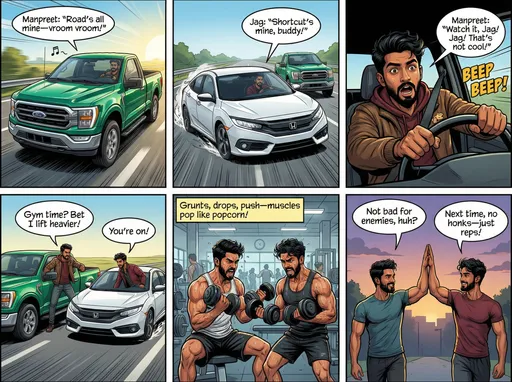 Prompt: @vX0o31A3NEjF3OMIK2B7 Driving green truck @A1A6turSyAgtkN8VzTXm Drives a white civic car Scene one: Manpreet zooms down the highway in his shiny green truck, humming tunes.
Manpreet: “Road’s all mine—vroom vroom!”
Scene two: Jag cuts right in front, white Civic squealing like a sneaky fox.
Jag: “Shortcut’s mine, buddy!”
Scene three: Manpreet slams the horn—BEEP BEEP!—eyes wide, almost crashes.
Manpreet: “Watch it, Jag! That’s not cool!”
Scene four: Both cars pull over; doors fling open. Manpreet stomps, Jag smirks.
Manpreet: “Gym time? Bet I lift heavier!” Jag: “You’re on!”
Scene five: Inside the sweaty gym, weights clang. They grunt, flex, sweat drops everywhere.
Narration: “Grunts, drops, push—muscles pop like popcorn!”
Scene six: Hour later, they stroll out—biceps bulging, shirts tight, high-fiving.
Manpreet: “Not bad for enemies, huh?” Jag: “Next time, no honks—just reps!”