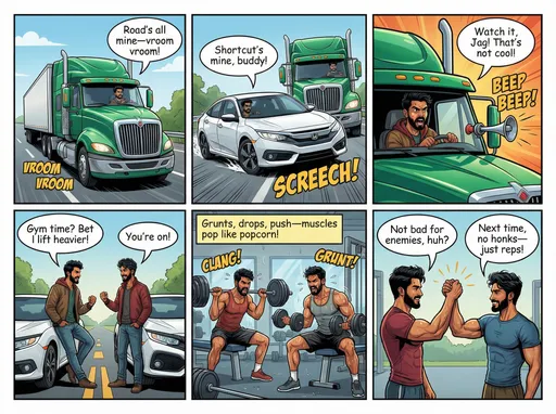 Prompt: @vX0o31A3NEjF3OMIK2B7 Driving green truck @A1A6turSyAgtkN8VzTXm Drives a white civic car Scene one: Manpreet zooms down the highway in his shiny green truck, humming tunes.
Manpreet: “Road’s all mine—vroom vroom!”
Scene two: Jag cuts right in front, white Civic squealing like a sneaky fox.
Jag: “Shortcut’s mine, buddy!”
Scene three: Manpreet slams the horn—BEEP BEEP!—eyes wide, almost crashes.
Manpreet: “Watch it, Jag! That’s not cool!”
Scene four: Both cars pull over; doors fling open. Manpreet stomps, Jag smirks.
Manpreet: “Gym time? Bet I lift heavier!” Jag: “You’re on!”
Scene five: Inside the sweaty gym, weights clang. They grunt, flex, sweat drops everywhere.
Narration: “Grunts, drops, push—muscles pop like popcorn!”
Scene six: Hour later, they stroll out—biceps bulging, shirts tight, high-fiving.
Manpreet: “Not bad for enemies, huh?” Jag: “Next time, no honks—just reps!”