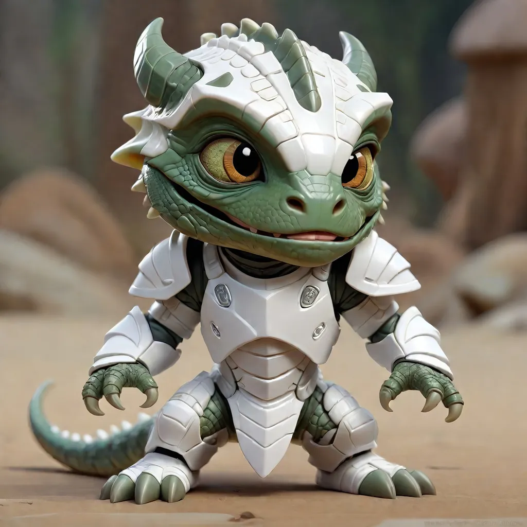 Prompt: chibi cute argonian, surprised expression, full body white plastic futuristic armor, feet, wearing boots, highly detailed, smooth, sharp focus, high resolution, photorealistic