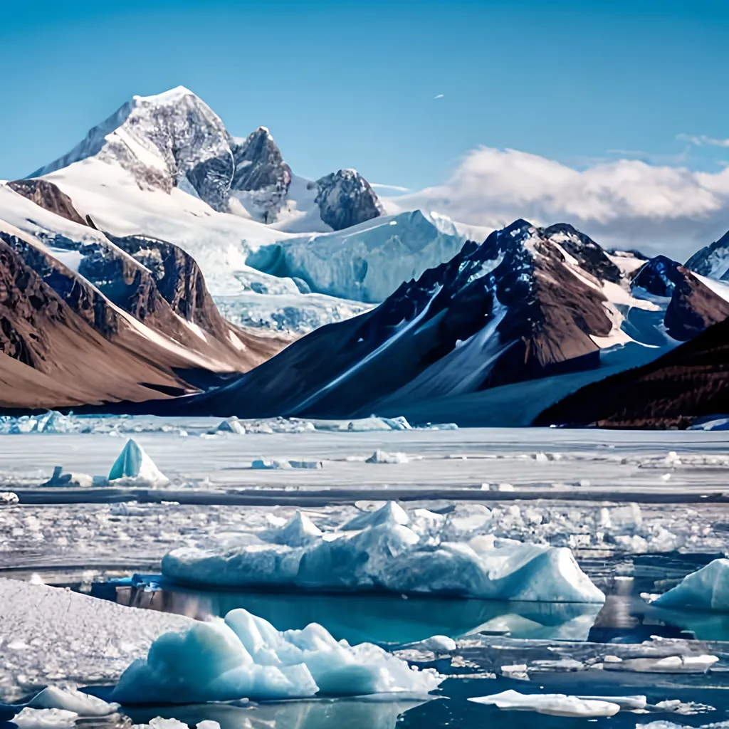 Prompt: aerial landscape photo of icy mountain range with glacier, ice, snow, blue sky, puffy white clouds, rugged peaks, full focus, photorealistic, full depth of field