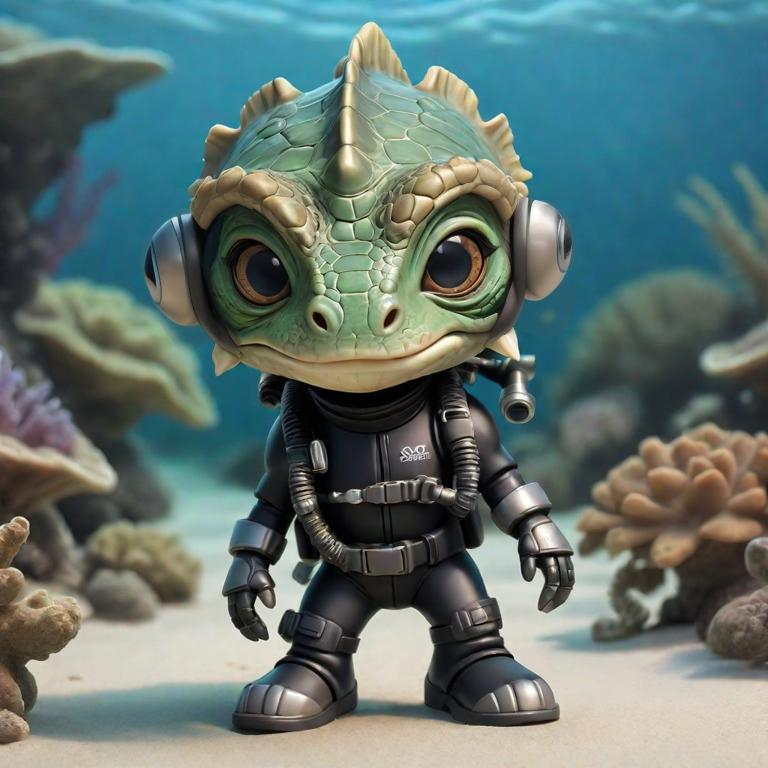 Prompt: chibi cute scuba diver with argonian head, feet, wearing boots, highly detailed, smooth, sharp focus, high resolution, photorealistic