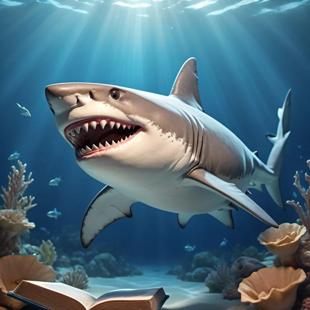 Prompt: A  realistic cute cartoon shark happy holding a bible with his fins in the water