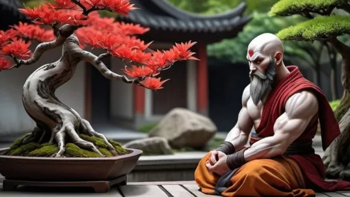 Prompt:  a monk bearing resemblance to Kratos, practicing the art of bonsai cultivation in a tranquil courtyard filled with lush greenery and vibrant blossoms, with delicate miniature trees carefully tended to with reverence and care, and the gentle rustle of leaves providing a backdrop to the monk's focused attention and dedication to the craft