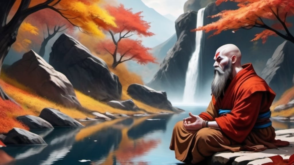 Prompt: a monk resembling kratos sitting in deep contemplation beside a serene mountain stream, with colorful autumn leaves drifting gently on the water's surface, embodying the harmony between the monk's inner peace and the natural world