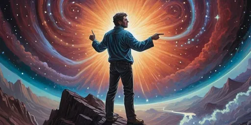 Prompt: a painting of a man, a light in his chest, pointing to the stars, Barclay Shaw, metaphysical painting, josan gonzales and dan mumford, a detailed painting
