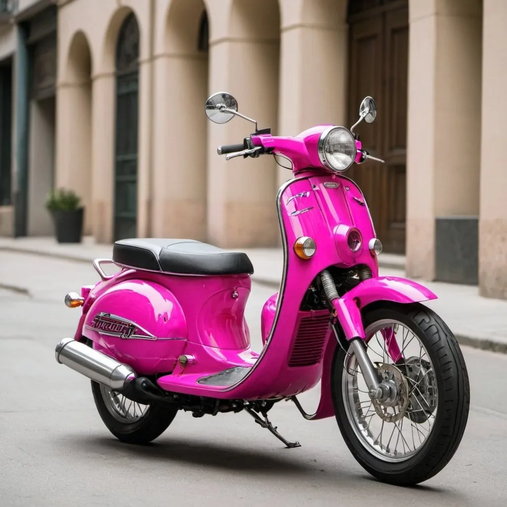 Prompt: A hot pink scoopy motorcycle