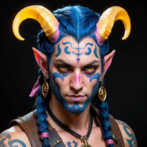 Prompt: hyper-realistic Tiefling swashbuckler, blue skin, and straight horns. Glowing yellow eyes. Pink holy symbol tattoos on face. Two braids going down back of head. 