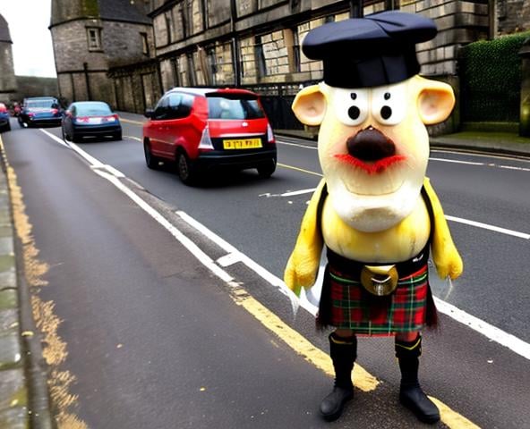 Prompt: A banana wearing a kilt and wearing a traffic warden hat