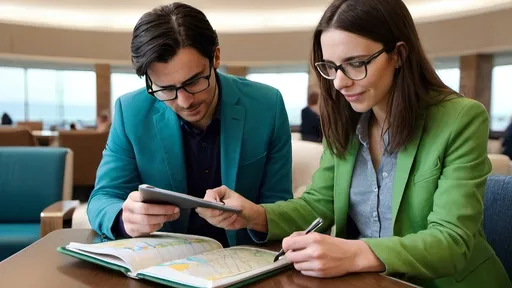 Prompt: Two travelers in an airport lounge, planning their trip. The man has dark hair and glasses, is wearing a blue shirt, and is writing in a travel journal. The woman has long brown hair, is wearing a green jacket, and is holding a tablet, showing maps and itineraries. The table has coffee cups, boarding passes, and a smartphone. The background features large windows with a view of airplanes and a modern, busy lounge area
