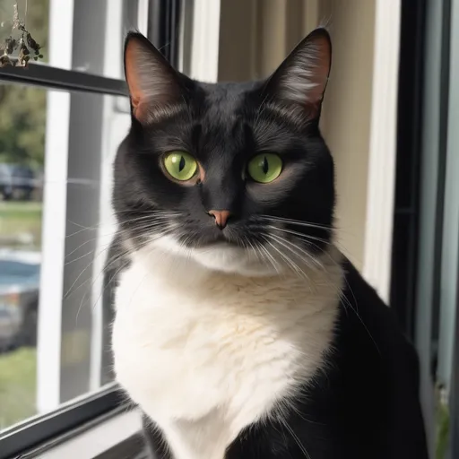 Prompt: Whiskers the brave kat black with olive green eyessitting in the window 