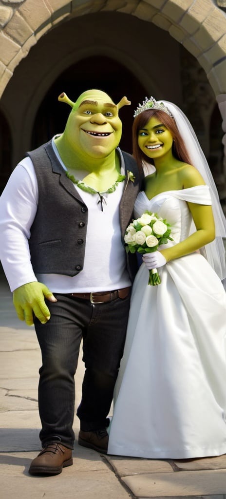 Prompt: Shrek and Mike wazowski getting married 