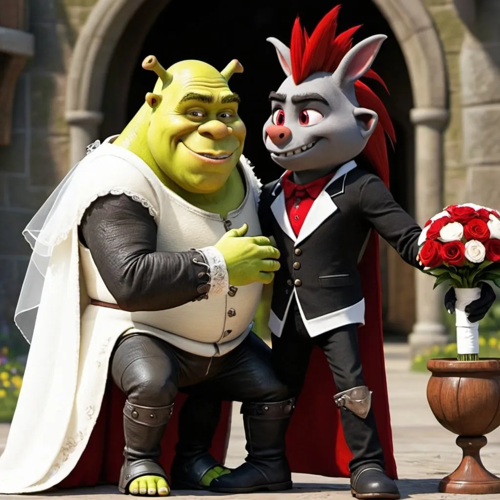 Prompt: Shrek and Shadow The hedgehog getting married 