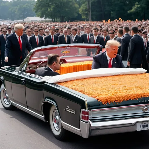 Prompt: Trump riding in JFKs 1963 Lincoln Continental convertible with Cheetos everywhere 